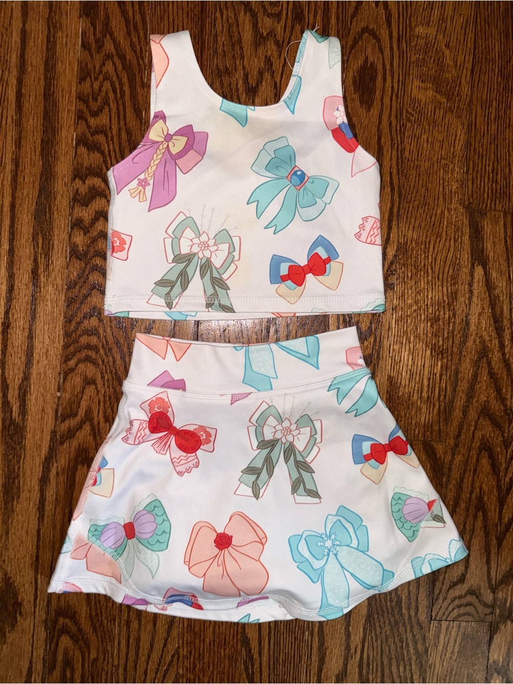 Girls White Bow Print Crop Tank & Skirt Matching Set